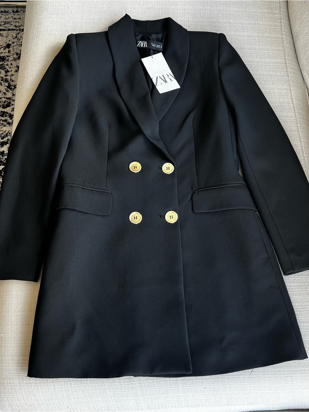 Zara Black Double-Breasted Blazer with Gold Buttons
